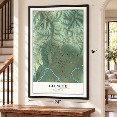 Glencoe, Kentucky map, 24 x 36 inch print in a black frame by a staircase