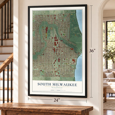 South Milwaukee, Wisconsin map, 24 x 36 inch print in a black frame by a staircase
