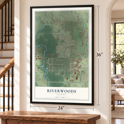 Riverwoods, Illinois map, 24 x 36 inch print in a black frame by a staircase
