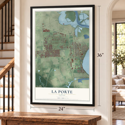 La Porte, Texas map, 24 x 36 inch print in a black frame by a staircase