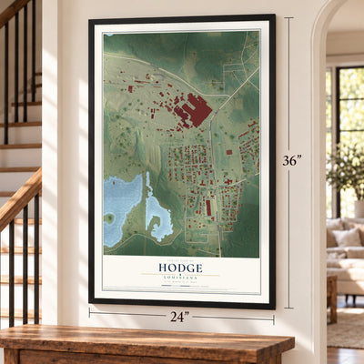 Hodge, Louisiana map, 24 x 36 inch print in a black frame by a staircase