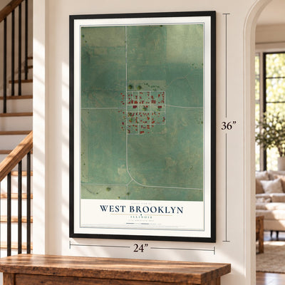 West Brooklyn, Illinois map, 24 x 36 inch print in a black frame by a staircase