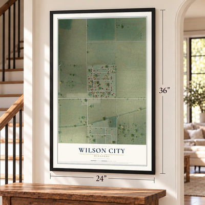 Wilson City, Missouri map, 24 x 36 inch print in a black frame by a staircase
