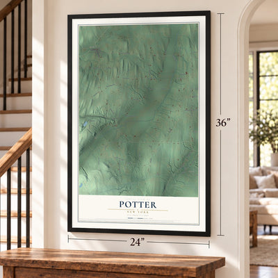 Potter, New York map, 24 x 36 inch print in a black frame by a staircase
