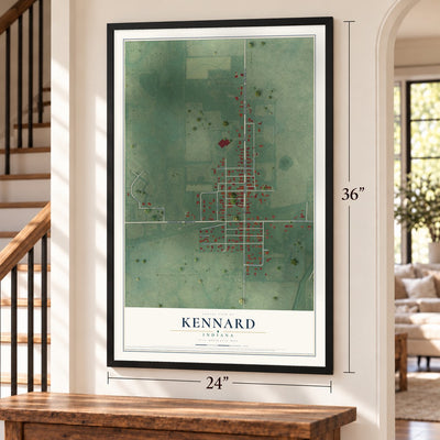 Kennard, Indiana map, 24 x 36 inch print in a black frame by a staircase