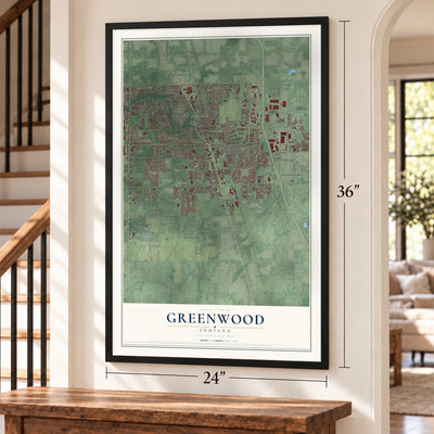 Greenwood, Indiana map, 24 x 36 inch print in a black frame by a staircase