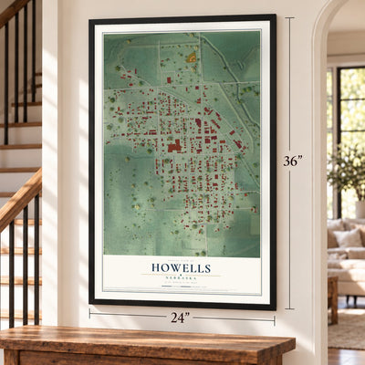 Howells, Nebraska map, 24 x 36 inch print in a black frame by a staircase