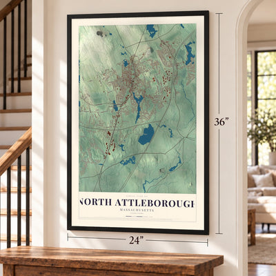 North Attleborough, Massachusetts map, 24 x 36 inch print in a black frame by a staircase