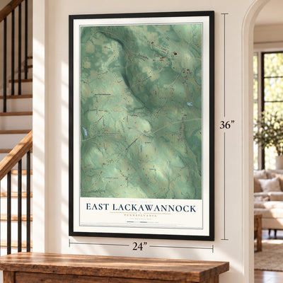 East Lackawannock, Pennsylvania map, 24 x 36 inch print in a black frame by a staircase