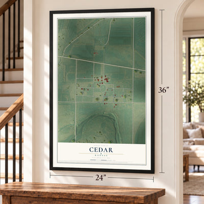 Cedar, Kansas map, 24 x 36 inch print in a black frame by a staircase