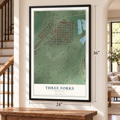 Three Forks, Montana map, 24 x 36 inch print in a black frame by a staircase