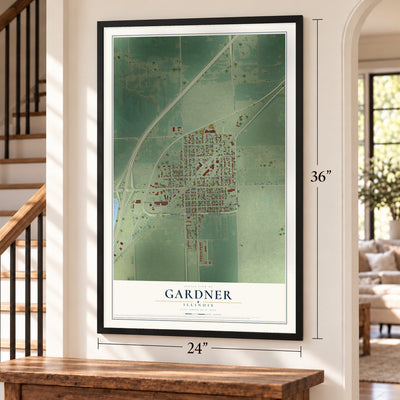 Gardner, Illinois map, 24 x 36 inch print in a black frame by a staircase