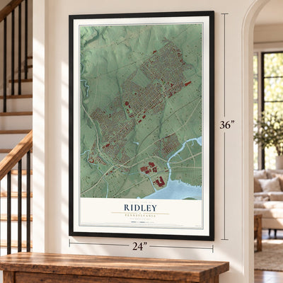 Ridley, Pennsylvania map, 24 x 36 inch print in a black frame by a staircase
