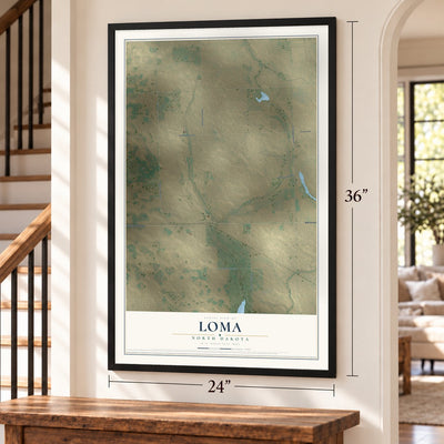 Loma, North Dakota map, 24 x 36 inch print in a black frame by a staircase