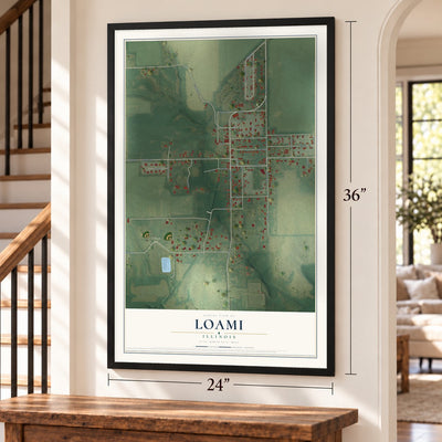 Loami, Illinois map, 24 x 36 inch print in a black frame by a staircase