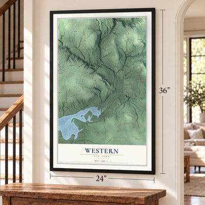Western, New York map, 24 x 36 inch print in a black frame by a staircase