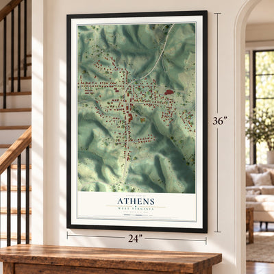 Athens, West Virginia map, 24 x 36 inch print in a black frame by a staircase