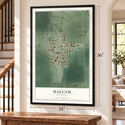 Hallam, Nebraska map, 24 x 36 inch print in a black frame by a staircase