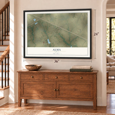 Alma, Texas map, 24 x 36 inch print in a black frame above a dresser by a staircase