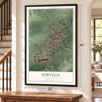 Newville, Pennsylvania map, 24 x 36 inch print in a black frame by a staircase