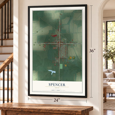 Spencer, Ohio map, 24 x 36 inch print in a black frame by a staircase