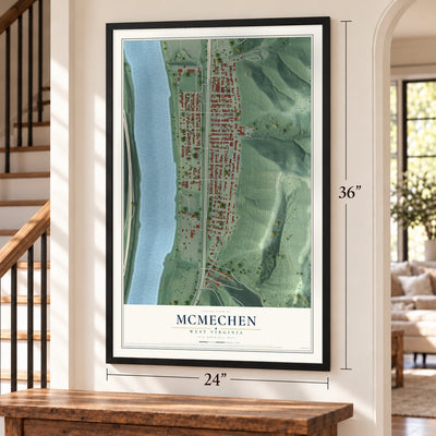 McMechen, West Virginia map, 24 x 36 inch print in a black frame by a staircase