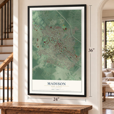 Madison, New Jersey map, 24 x 36 inch print in a black frame by a staircase