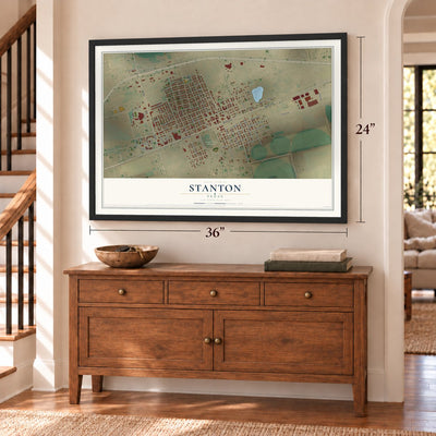 Stanton, Texas map, 24 x 36 inch print in a black frame above a dresser by a staircase