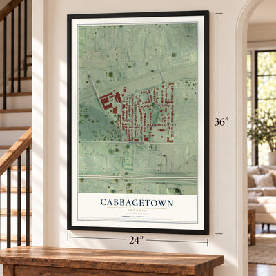 Cabbagetown, Georgia map, 24 x 36 inch print in a black frame by a staircase