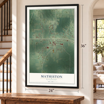 Mathiston, Mississippi map, 24 x 36 inch print in a black frame by a staircase