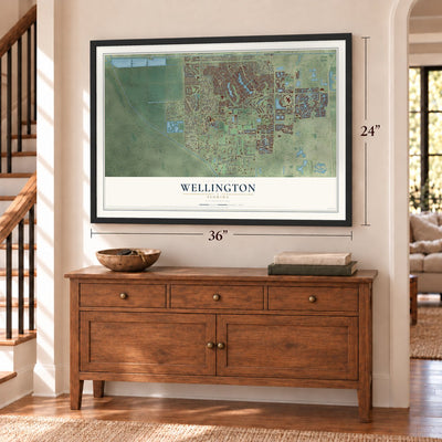 Wellington, Florida map, 24 x 36 inch print in a black frame above a dresser by a staircase