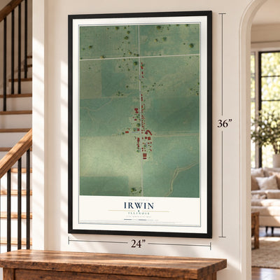 Irwin, Illinois map, 24 x 36 inch print in a black frame by a staircase