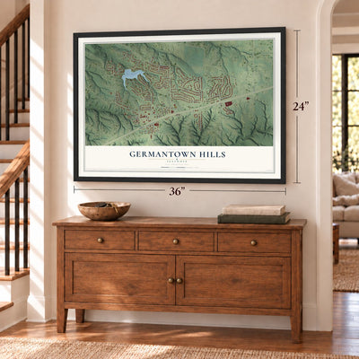 Germantown Hills, Illinois map, 24 x 36 inch print in a black frame above a dresser by a staircase