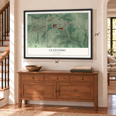 Claycomo, Missouri map, 24 x 36 inch print in a black frame above a dresser by a staircase