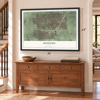 Bedford, Texas map, 24 x 36 inch print in a black frame above a dresser by a staircase