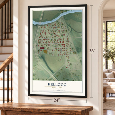 Kellogg, Minnesota map, 24 x 36 inch print in a black frame by a staircase