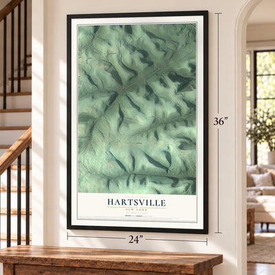 Hartsville, New York map, 24 x 36 inch print in a black frame by a staircase