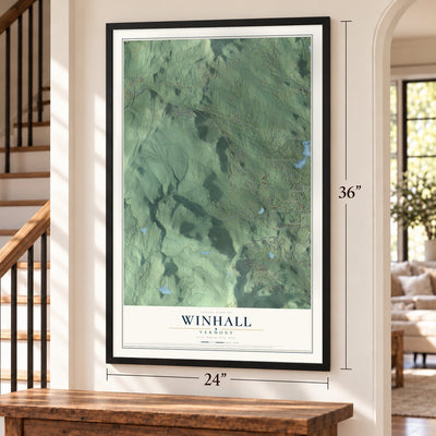 Winhall, Vermont map, 24 x 36 inch print in a black frame by a staircase