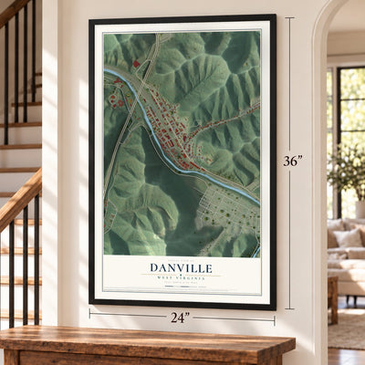 Danville, West Virginia map, 24 x 36 inch print in a black frame by a staircase