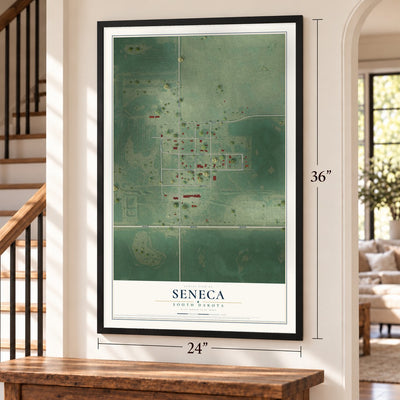 Seneca, South Dakota map, 24 x 36 inch print in a black frame by a staircase