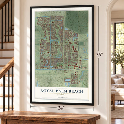 Royal Palm Beach, Florida map, 24 x 36 inch print in a black frame by a staircase