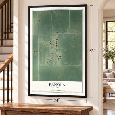 Panola, Illinois map, 24 x 36 inch print in a black frame by a staircase