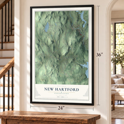 New Hartford, Connecticut map, 24 x 36 inch print in a black frame by a staircase