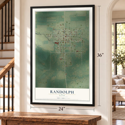 Randolph, Utah map, 24 x 36 inch print in a black frame by a staircase
