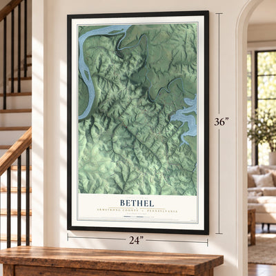 Bethel, Armstrong County, Pennsylvania map, 24 x 36 inch print in a black frame by a staircase