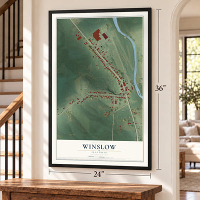Winslow, Illinois map, 24 x 36 inch print in a black frame by a staircase