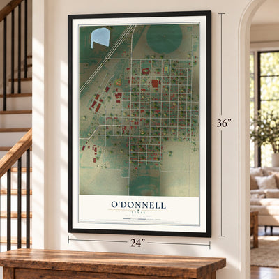 O'Donnell, Texas map, 24 x 36 inch print in a black frame by a staircase