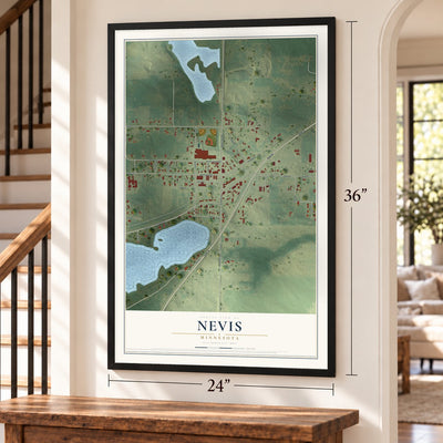 Nevis, Minnesota map, 24 x 36 inch print in a black frame by a staircase