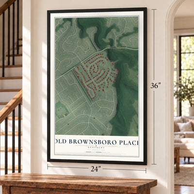 Old Brownsboro Place, Kentucky map, 24 x 36 inch print in a black frame by a staircase