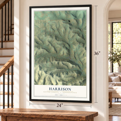 Harrison, Potter County, Pennsylvania map, 24 x 36 inch print in a black frame by a staircase